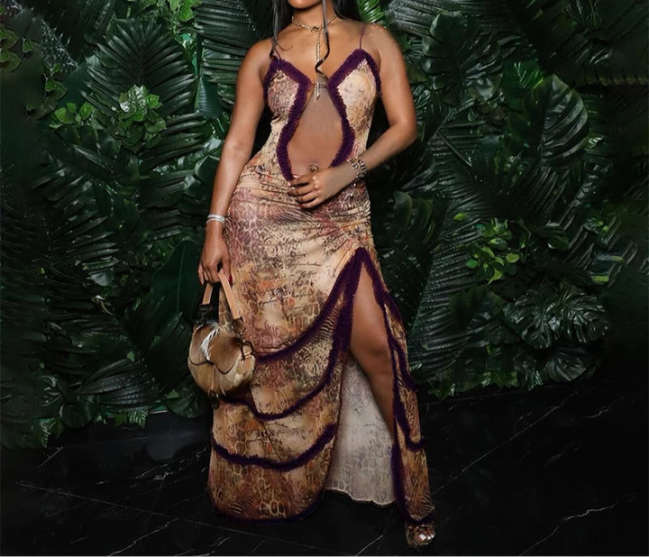 Luxury Furry Halter Dress – Split Evening Gown for Special Occasions